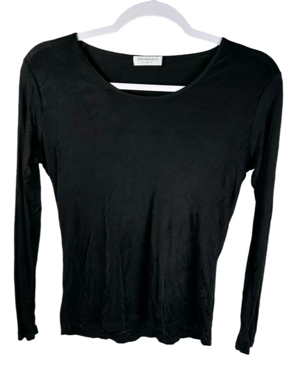 Grenasa Silk 100% Silk Solid Black Long Sleeve Round Neck Top Size Medium